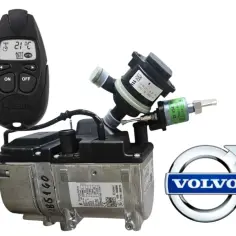 Zestaw do ogrzewania postojowego Webasto do Volvo XC90: sterownik, moduł grzewczy i logo Volvo.