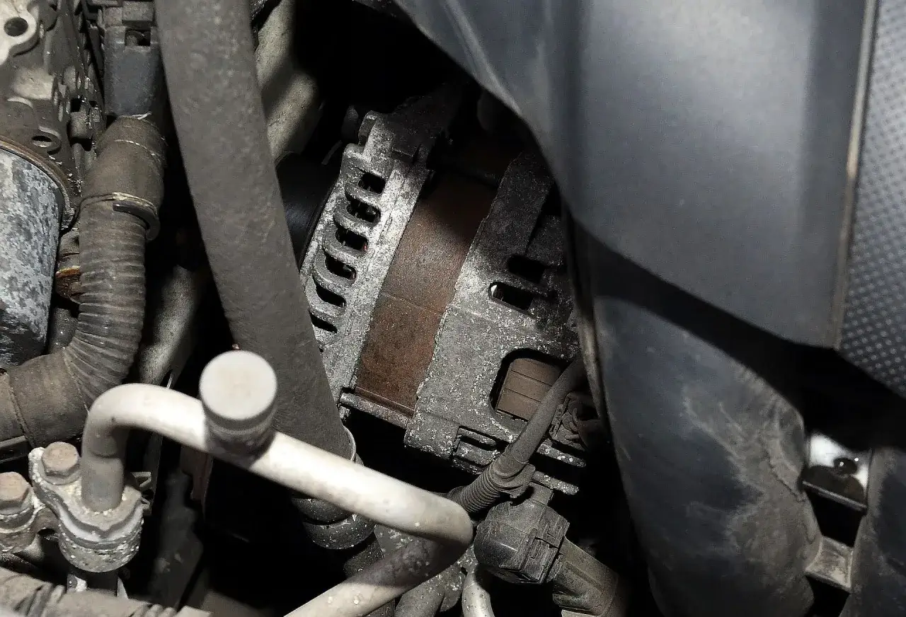 Widok na zużyty alternator w samochodzie. Zastanawiasz się, ile kosztuje naprawa alternatora?
