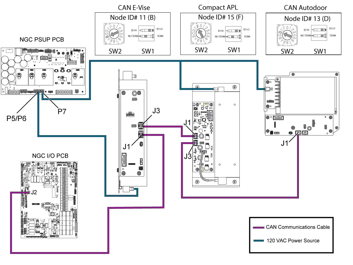 Schemat pokazuje, co to jest CAN w samochodzie: połączenie modułów NGC PSUP PCB, NGC I/O PCB, CAN E-Vise, Compact APL i CAN Autodoor za pomocą kabli komunikacyjnych CAN (fioletowy) i zasilania 120 VAC (niebieski).