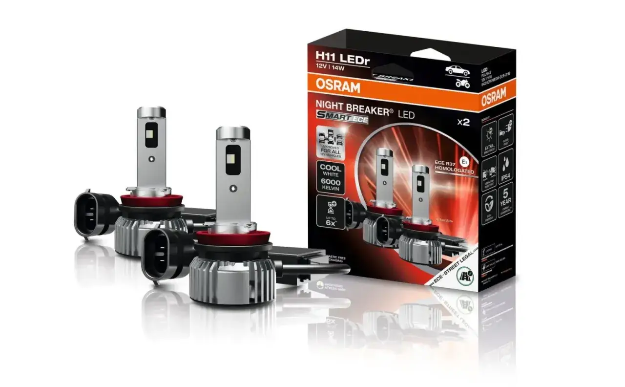 Dwie żarówki led h7 z homologacją OSRAM Night Breaker LED, opakowanie i akcesoria. Jasne światło 6000K.